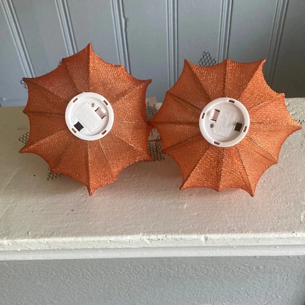 NWT- 2- Elegant Orange Lace Covered Light Up LED Halloween Pumpkin Decorations